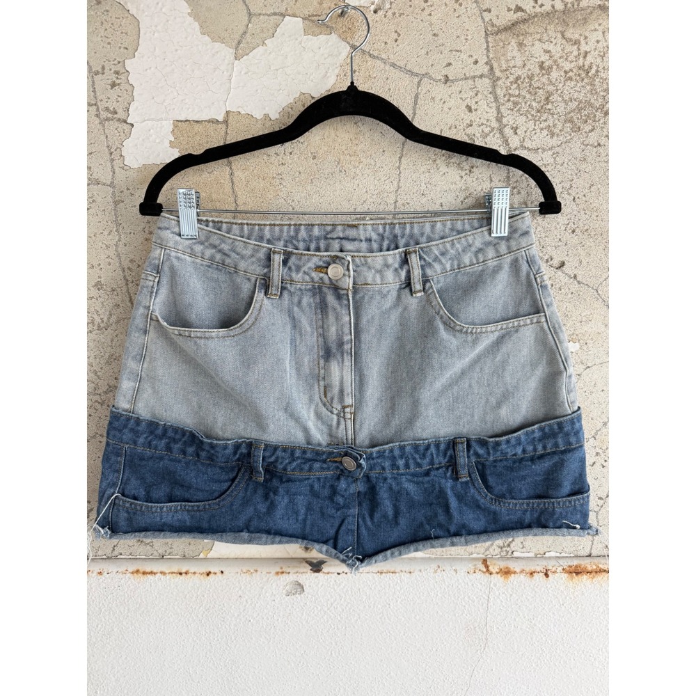 Denim Mini Skirt Two Tone Colorblock Raw Hem Double Waist Womens L Y2k Festival